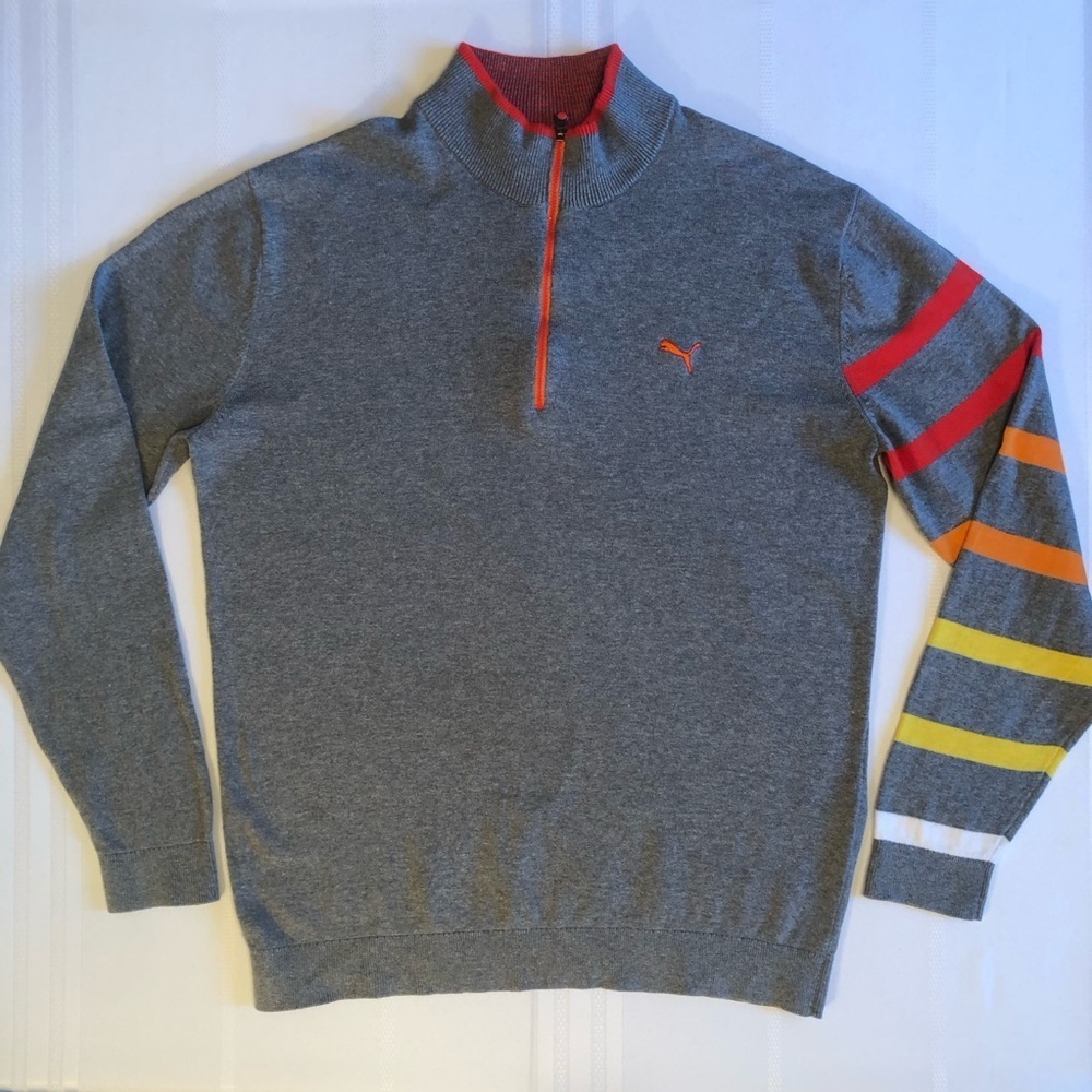 Puma Gray Fine Gage 1/4 Zip PullOn Sweater w/Colorful Stripe Sleeve Accent Sz L